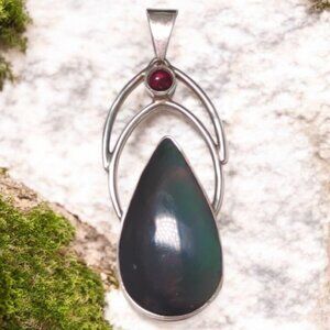 Large Silver Tone Black Teardrop Pendant with Red Cabochon